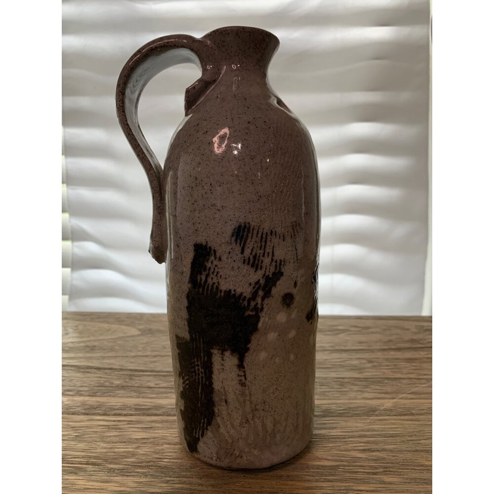 Signed J. Borrem Handmade Ceramic Jug Vase with Handle Abstract Black Design